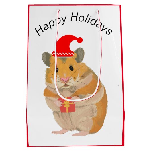 プレゼントを持っているかわいい小さなクリスマスハムスター ミディアムペーパーバッグ (裏面)
