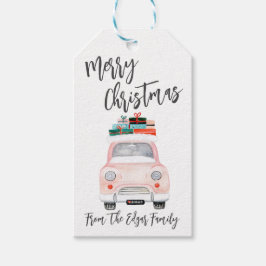 プレゼントを積んだピンクのトラック　メリークリスマス ギフトタグ