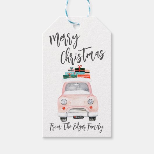 プレゼントを積んだピンクのトラック　メリークリスマス ギフトタグ (正面)