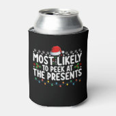 プレゼントを覗き見しそうなクリスマス 缶クーラー (缶正面)