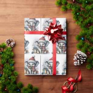 プレゼントを贈るクリスマスの象 ラッピングペーパー
