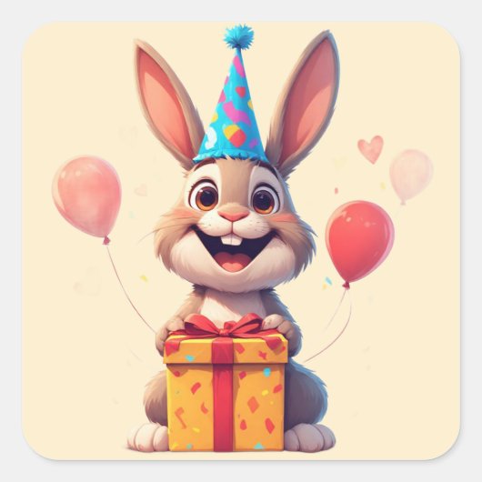 🐰 プレゼント付きかわいいウサギの誕生日パーティー スクエアシール (正面)