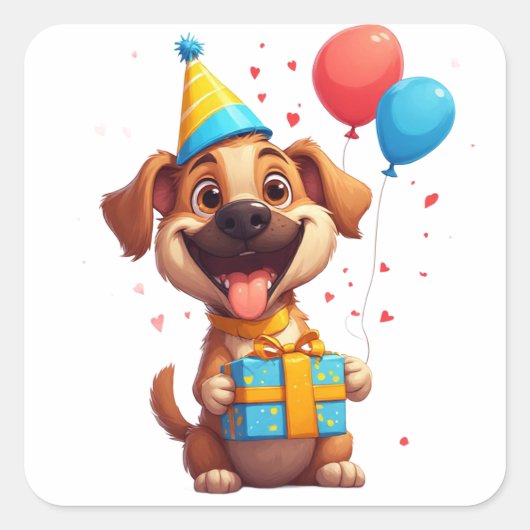 🎂 プレゼント付きかわいい犬の誕生日お祝い スクエアシール (正面)
