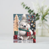 プレゼント付きの可愛いフワフワのクリスマスのホッキョクグマ。 シーズンカード (スタンド正面)