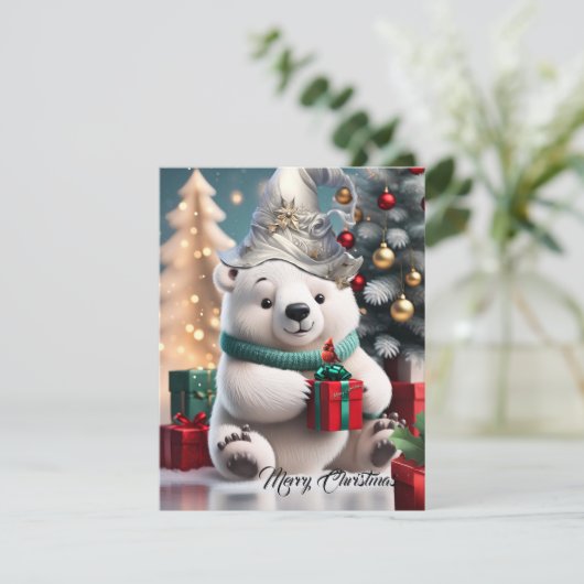 プレゼント付きの可愛いフワフワのクリスマスのホッキョクグマ。 シーズンカード (スタンド正面)