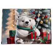 プレゼント付きの可愛いフワフワのクリスマスのホッキョクグマ。 ラージペーパーバッグ (正面)