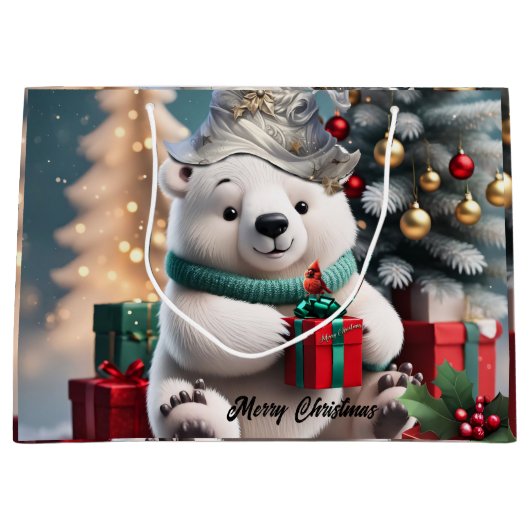 プレゼント付きの可愛いフワフワのクリスマスのホッキョクグマ。 ラージペーパーバッグ (正面)