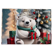 プレゼント付きの可愛いフワフワのクリスマスのホッキョクグマ。 ラージペーパーバッグ (裏面)