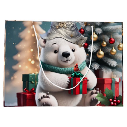 プレゼント付きの可愛いフワフワのクリスマスのホッキョクグマ。 ラージペーパーバッグ (裏面)