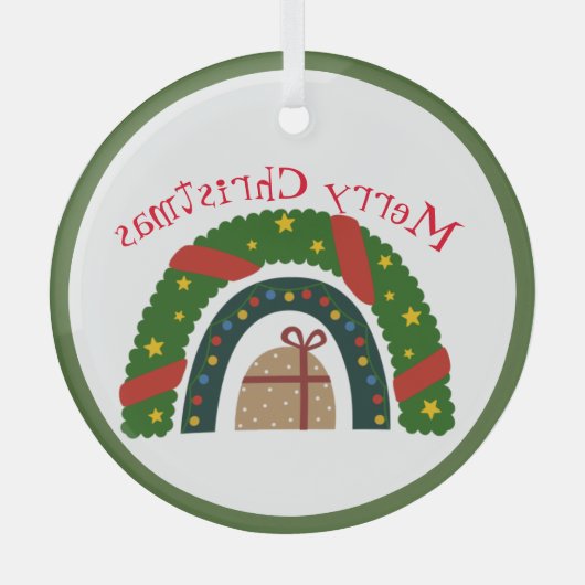 プレゼント付きクリスマスレインボー ガラスオーナメント (正面)