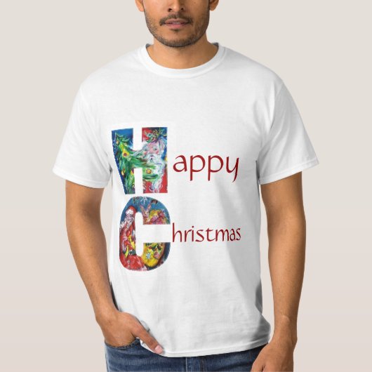 プレゼント付きサンタとクリスマスツリーモノグラム Tシャツ (正面)