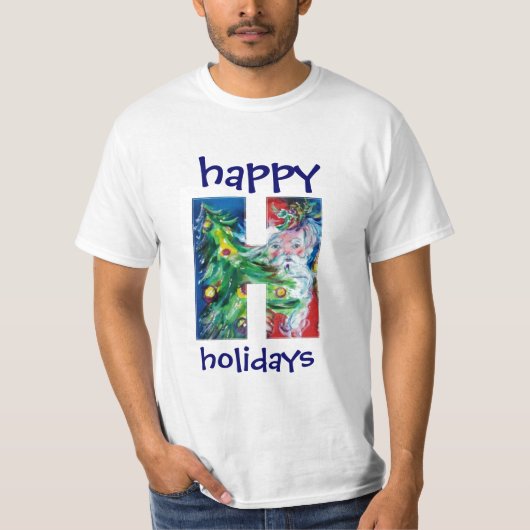 プレゼント付きサンタとクリスマスツリーHモノグラム Tシャツ (正面)