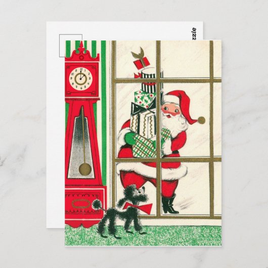 プレゼント付きサンタクロースが窓を見ている ポストカード (正面/裏面)