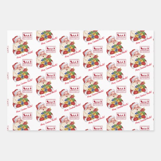 プレゼント付きサンタスペシャルデリバリー名前をカスタムする ラッピングペーパーシート (正面)