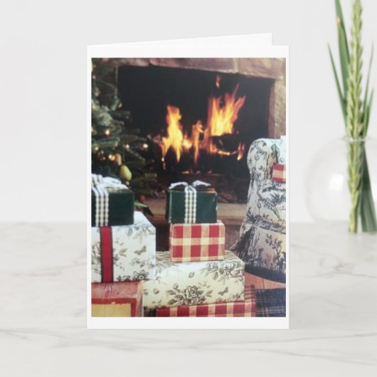 **プレゼント付き居心地の良い火**「メリー包まれた・クリスマス」 カード (正面)