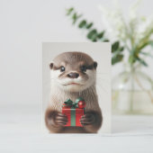 プレゼント付き愛らしいクリスマスオッター ポストカード (スタンド正面)