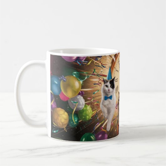 プレゼント箱から猫が出る – お正月のサプライズ コーヒーマグカップ (左)
