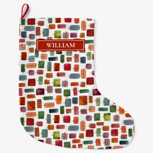 プレゼント – 水彩色カラフルギフトボックパーソナライズされたス ラージクリスマスストッキング (正面)