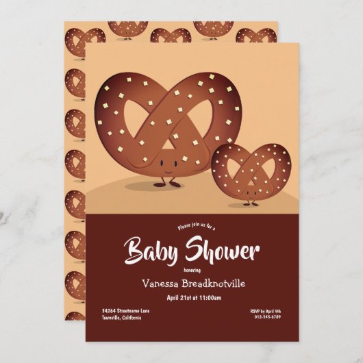 プレッツェルベビーシャワーブラウングルメかわいい漫画 招待状 (正面/裏面)