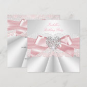 プレッティピンクホワイトダイヤモンドハートバースデーパーティ 招待状 (正面/裏面)