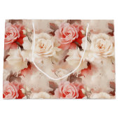 プレッティ ピンク ブラッシュ クリーム ローズ フローラル ブライダル シャワー ラージペーパーバッグ (正面)