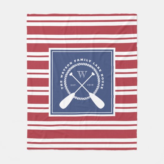 プレッピーで赤く青く白い湖の家のモノグラム フリースブランケット (正面)