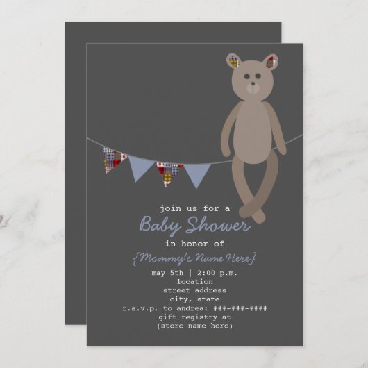 プレッピーなくま及び格子縞の旗布のベビーシャワーの招待状 招待状 (正面/裏面)