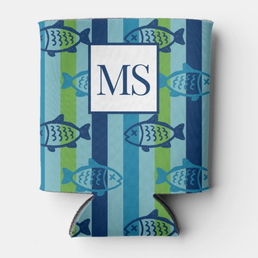 プレッピーなコーストフィッシュ グリーン ブルー ストライプ 缶クーラー (正面)