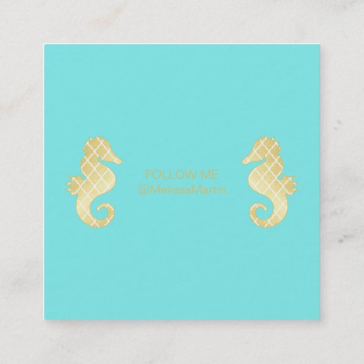 プレッピーなティール（緑がかった色）の金ゴールドのタツノオトシゴ社会的な媒体のプロフィール スクエア名刺 (裏面)