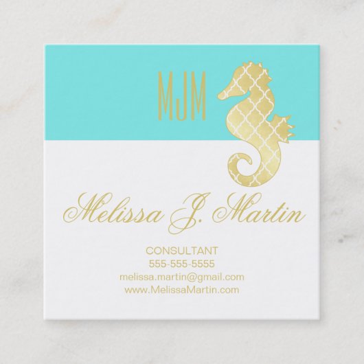 プレッピーなティール(緑がかった色)の金ゴールドのタツノオトシゴ社会的な媒体のプロフィール スクエア名刺 (正面)