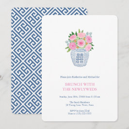 プレッピーなネイビー ピンクのバラ ジンジャージャー 新婚夫婦のブランチ 招待状