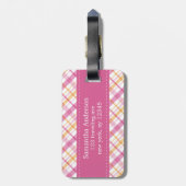 プレッピーなピンクおよびオレンジ格子縞パターン ラゲッジタグ (裏面縦)