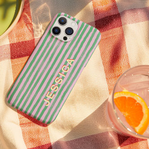 プレッピーなピンクとグリーンのストライプ カスタムネーム iPhone 15 PROケース