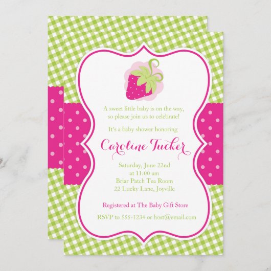 プレッピーなピンクのいちごのベビーシャワーの招待状 招待状 (正面/裏面)