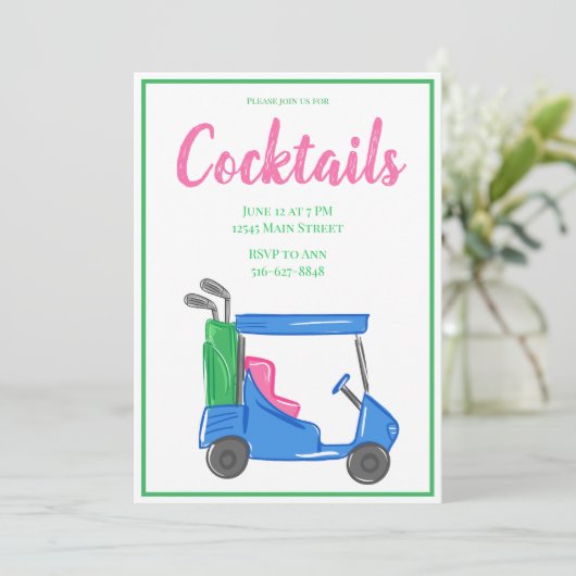 プレッピーなブルーのゴルフカートカクテルパーティー 招待状 (スタンド正面)