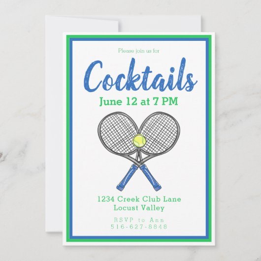 プレッピーなブルーのテニスラケットのカクテルパーティー 招待状 (正面)