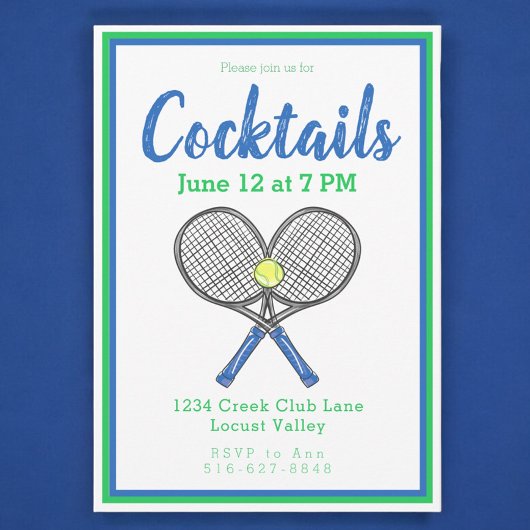 プレッピーなブルーのテニスラケットのカクテルパーティー 招待状