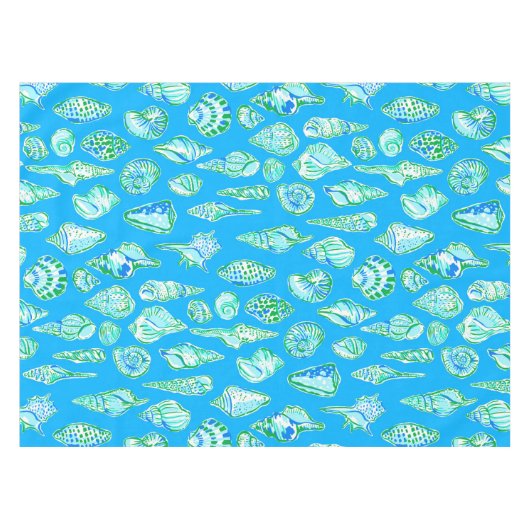 プレッピーなブルーの海辺の貝殻 テーブルクロス (正面(横))