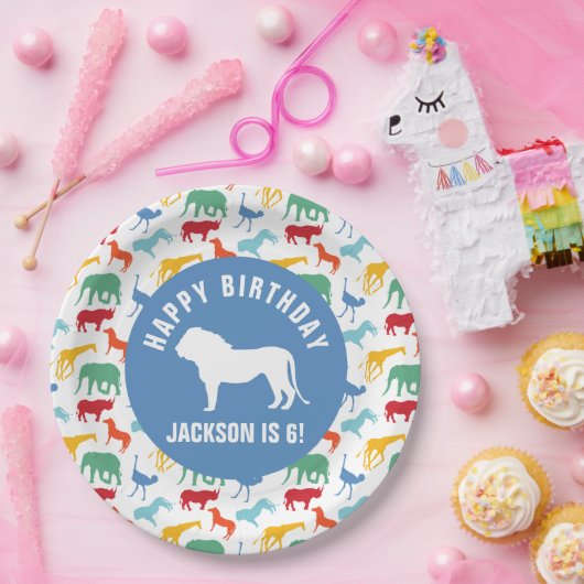 プレッピーなライオンのサファリ動物の誕生日を個人化して下さい ペーパープレート (パーティー)