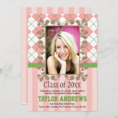 プレッピーな卒業の招待状の発表のピンク 招待状 (正面/裏面)
