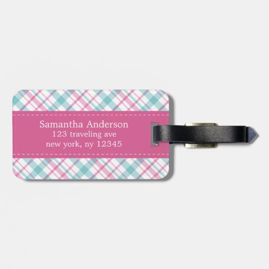 プレッピーな水およびピンクの格子縞パターン ラゲッジタグ (裏面横)