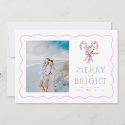 プレッピーな水彩キャンディケインのウェーブフレーム シーズンカード (正面)