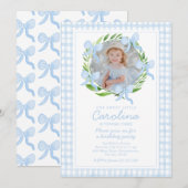 プレッピーな水彩ボウ ギンガム カスタムフォト 招待状 (正面/裏面)