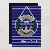 プレッピーな海軍ストライプのライフセーバー ビーチ アンカー 招待状 (正面/裏面)