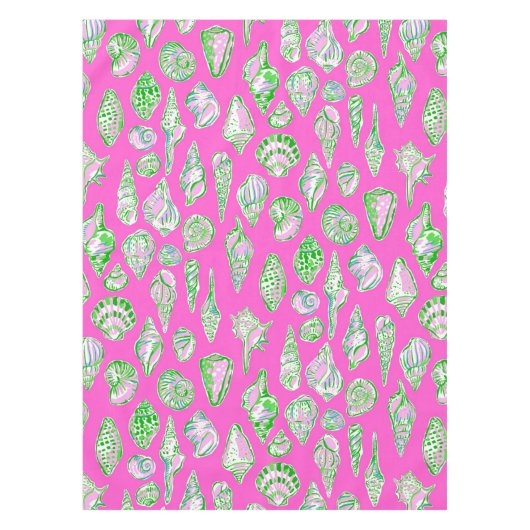 プレッピーな貝殻がホットピンクの海辺 テーブルクロス (正面)