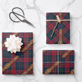 プレッピーな赤のクリスマス柄チェックにバックル ラッピングペーパーシート