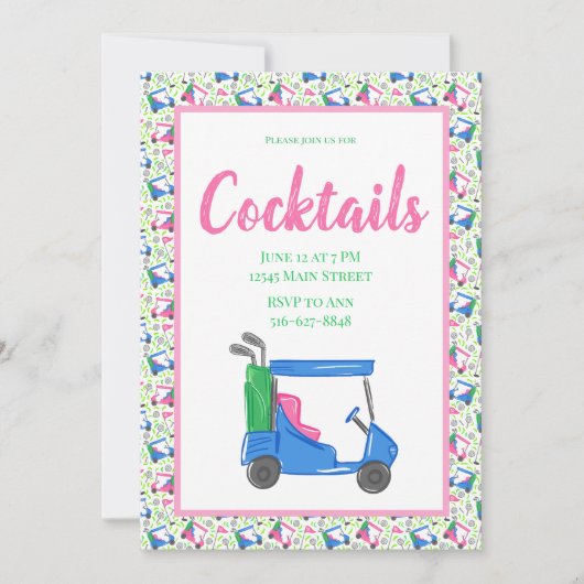 プレッピーな青いゴルフカートのカクテルパーティー枠 招待状 (正面)
