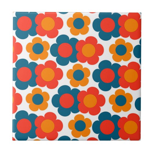 プレッピーな青オレンジ ヒッピーフラワーパターン タイル (正面)