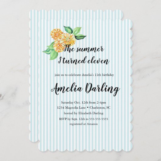 プレッピーな黄色の花のストライプ 夏の11歳の誕生日 招待状 (正面/裏面)