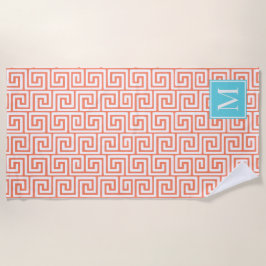 プレッピー ギリシャ キー モノグラム – コーラル & ターコイズ ビーチタオル